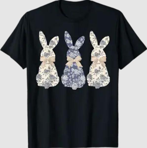 Coquette Bow Floral Blue Toile Bunny Easter T-Shirt