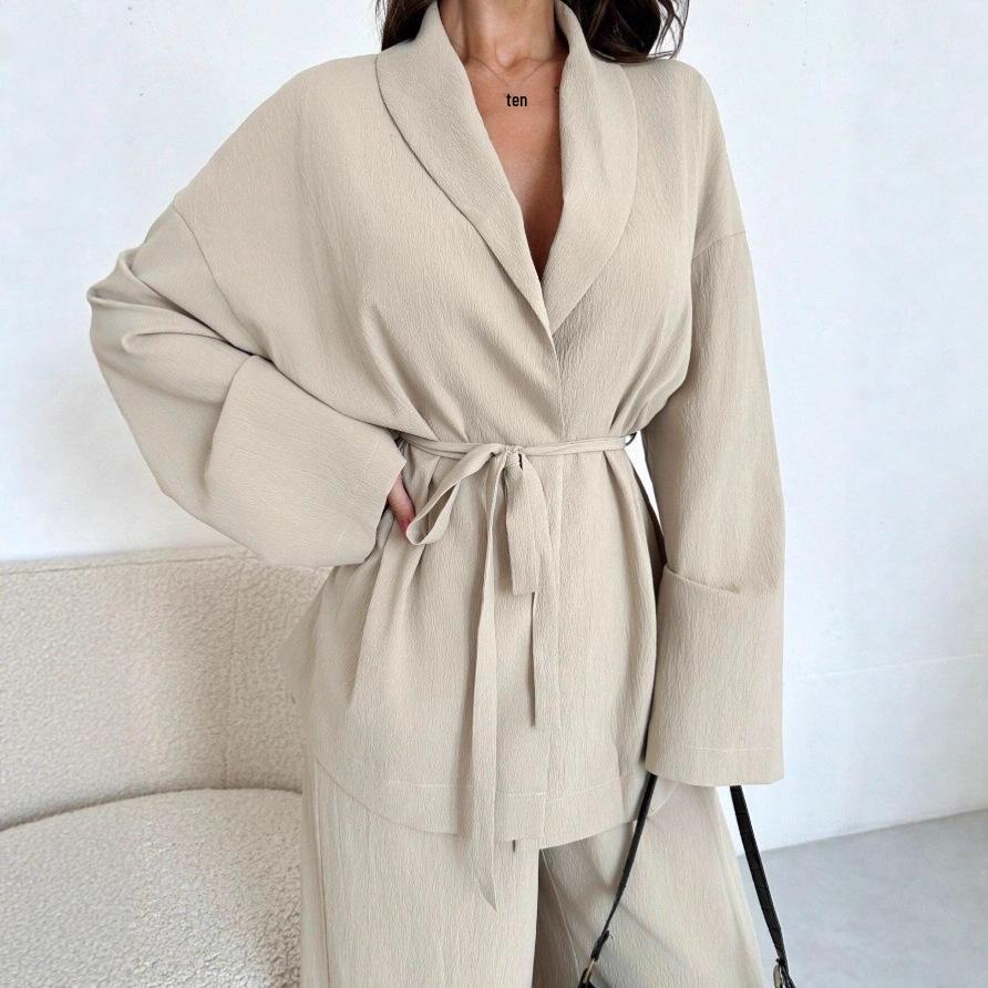 2025 Осень/Зима Элегантный женский комплект с V-образным вырезом и длинными рукавами, широкие брюки