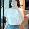 Летняя шифоновая блузка с короткими рукавами, модные женские рубашки с круглым вырезом, женская одежда, белые топы, свободный топ с рюшами, женский элегантный 27166
