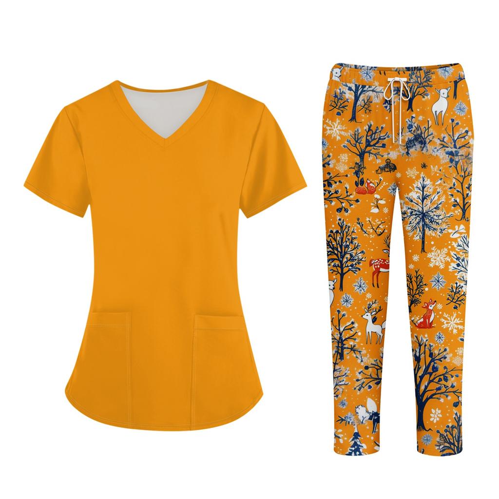 Plus SizePrinted Scrub Working Uniform Tops For Women's Cross V-Neck Halloween Print Short Sleeve Fun T-Shirts Workwear Tee With Pockets