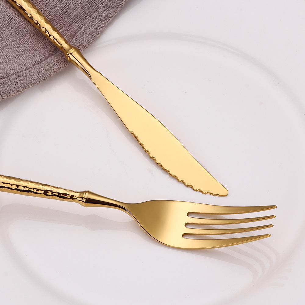 6/16/20/24Pcs Gold Cutlery Set Stainless Steel 304 Tableware Mirror Fork Spoon Western Hammer Pattern Handle Dinner Set4