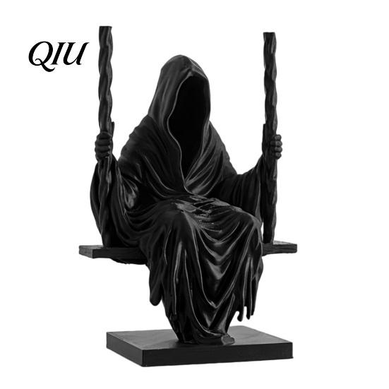 Matte Black Gothic Figure 3D Printed Sitting Reaper Statue, Faceless Man in Robe on Swing Sculpture Figurine, Cloak Ornament, Dark Style Figurine