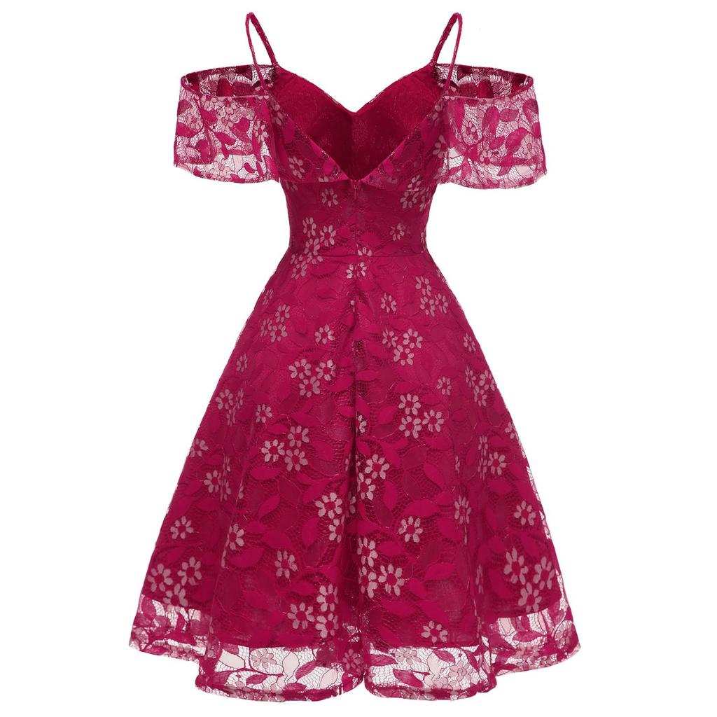 Deer Women's Floral Crochet Lace Ruffle Cold Shoulder Cami Strap Midi Bridesmaid Dress Wedding Evening Formal Party Cocktail Occasions Outfits