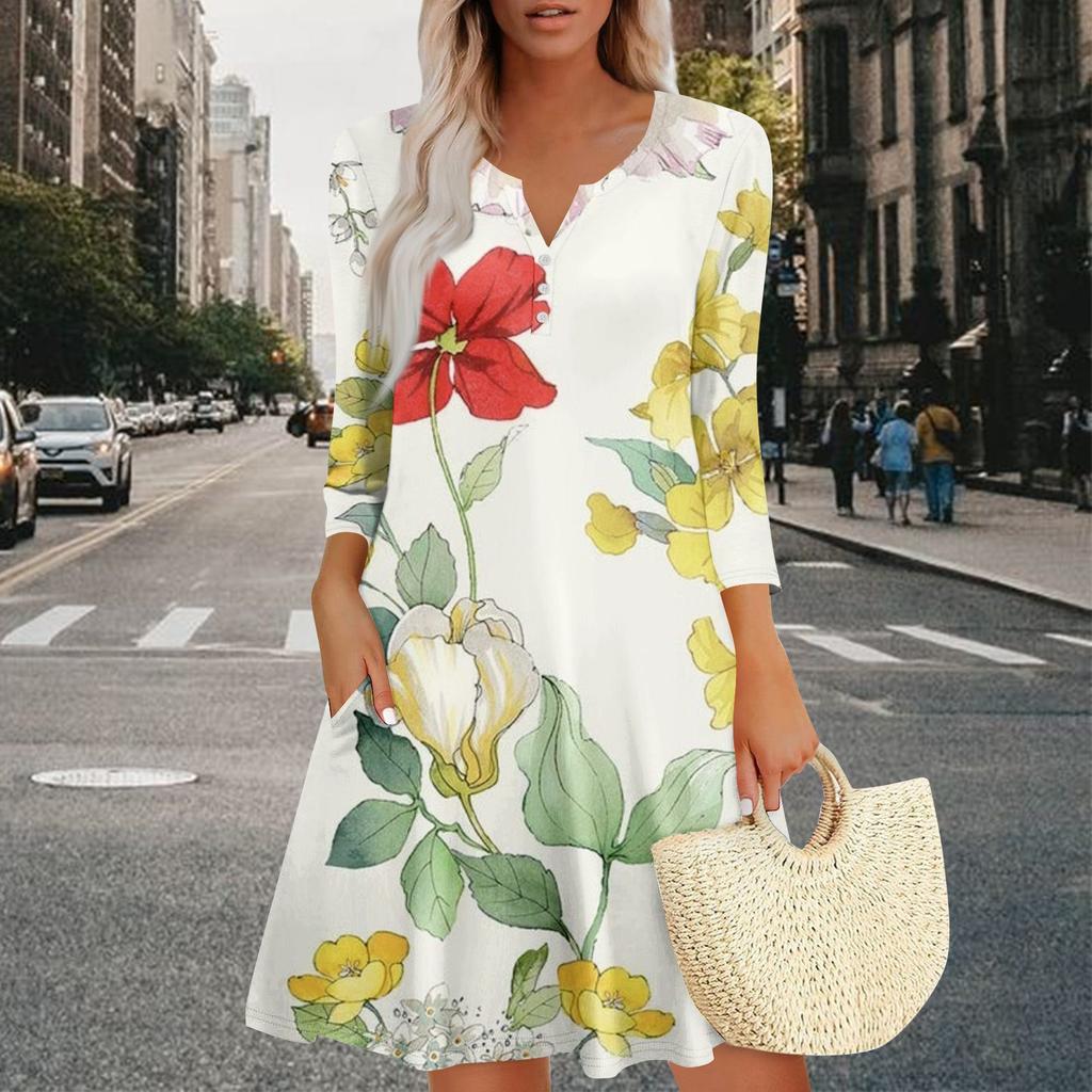 Women's Summer Dress Loose V Neck Three-quarter Sleeve Sundress With Pockets Dress