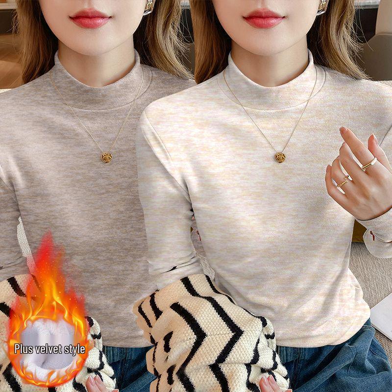 Осень 2025 Большой размер Приталенный Топ-база с длинным рукавом Свободный для женщин с воротником-стойкой