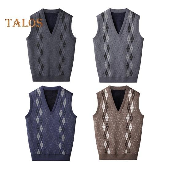 Мужской вязаный жилет с V-образным вырезом, без рукавов, утолщенная плюшевая подкладка, жилет с ромбическими узорами, зимний жилет, свитер