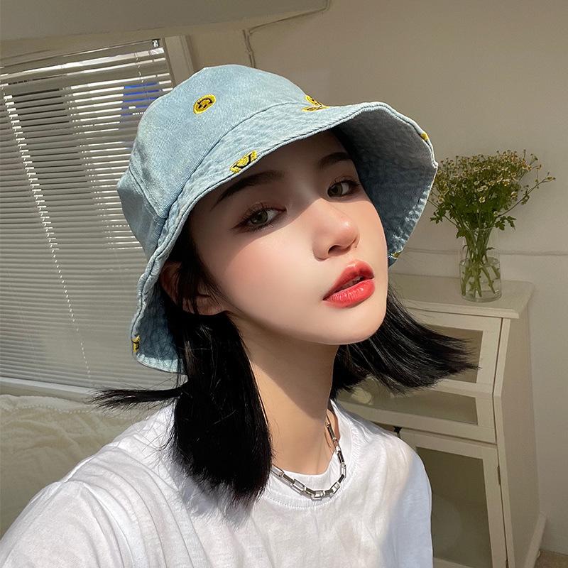 Simple Cartoon Embroidered Denim Bucket Hat Women Harajuku Retro Basin Hat Spring and Summer Sun Protection Visor Men