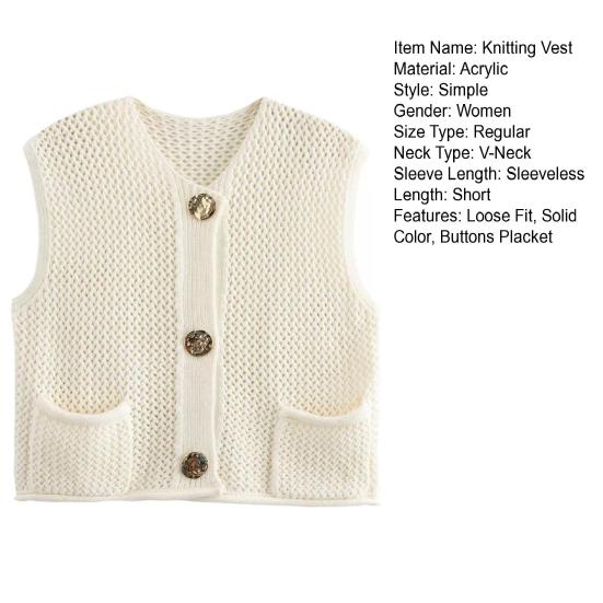 Женский вязаный жилет с V-образным вырезом, без рукавов, однобортный, с карманами, вязаный жилет, универсальный однотонный трикотаж