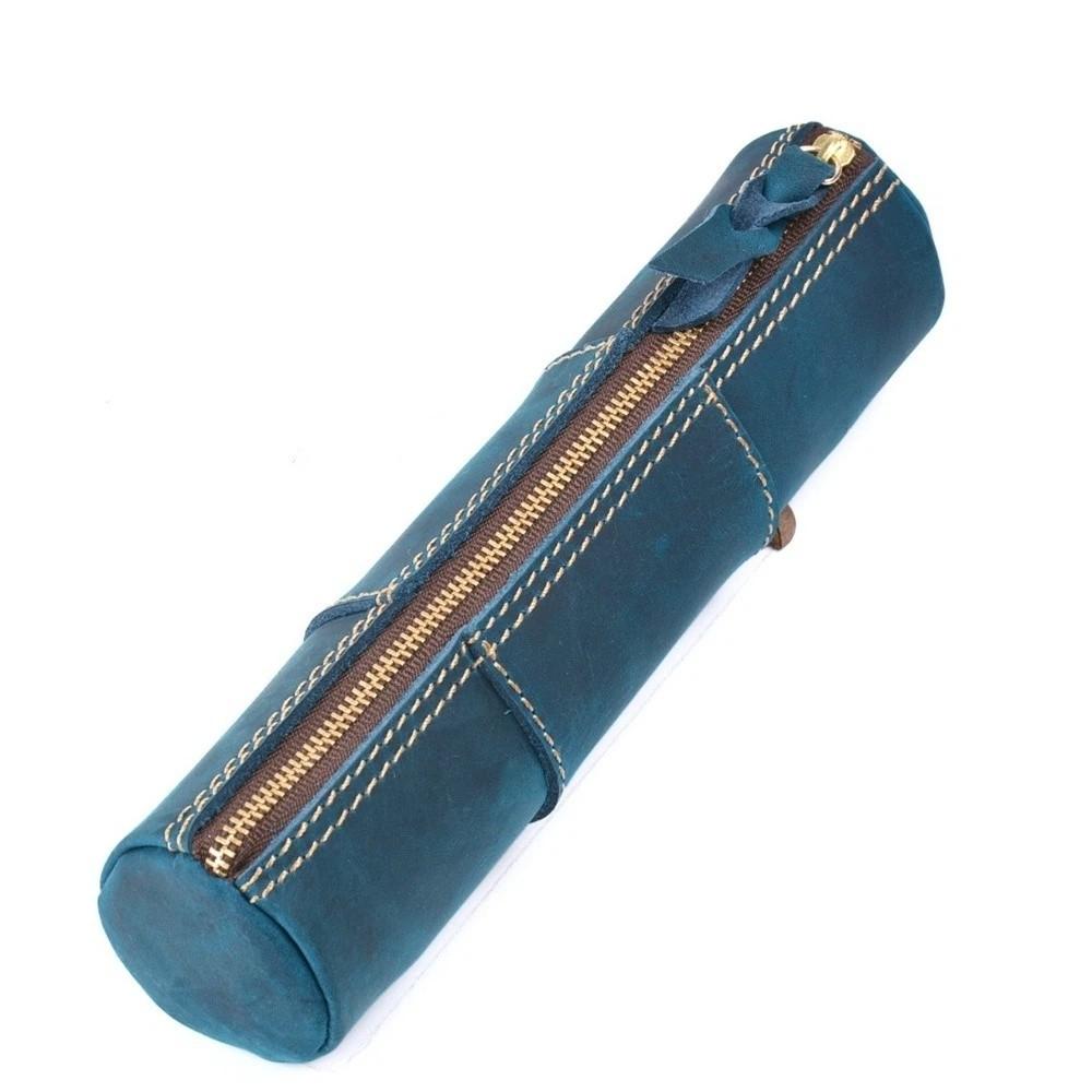 Genuine Cowhide Leather Pencil Case Retro Zipper Pencil Holder Storage Pouch Stationery Storage