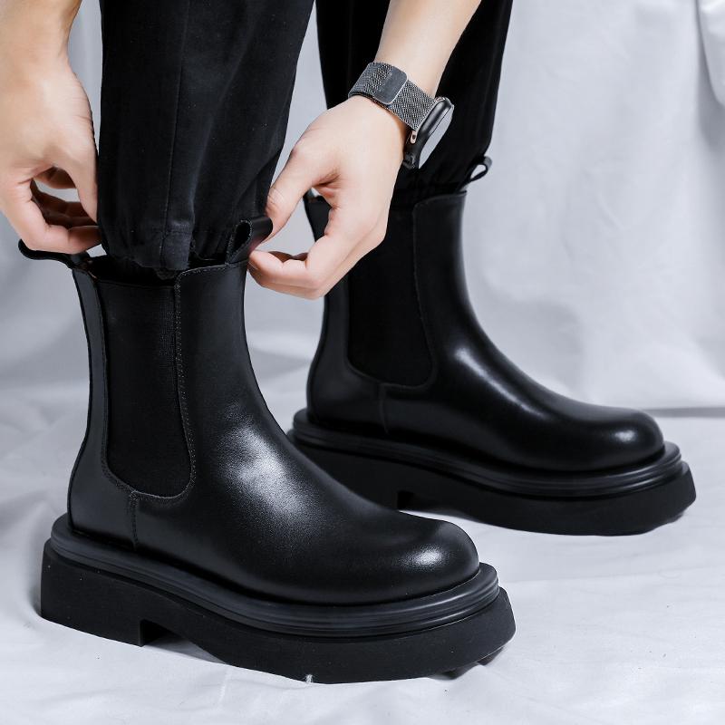 FashionAutumn Winter Leather Chelsea Boots for Men Slip On Platform Shoes Men Casual Plush Warm Ankle Boots Thick Sole Motorcycle Boots