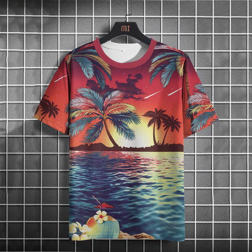 Футболки Hawaiian Beach для мужчин с принтом кокосовой пальмы 3D O-образным вырезом и коротким рукавом, летний свободный свитер для мужчин, верхняя одежда Y2k