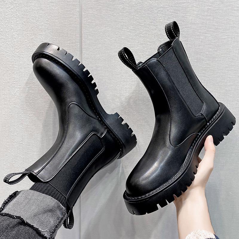 Мужские челси из черной кожи в британском стиле - Высокие, на толстой подошве, из мягкой кожи, универсальные для мотоциклетной, рабочей одежды в стиле Мартин.