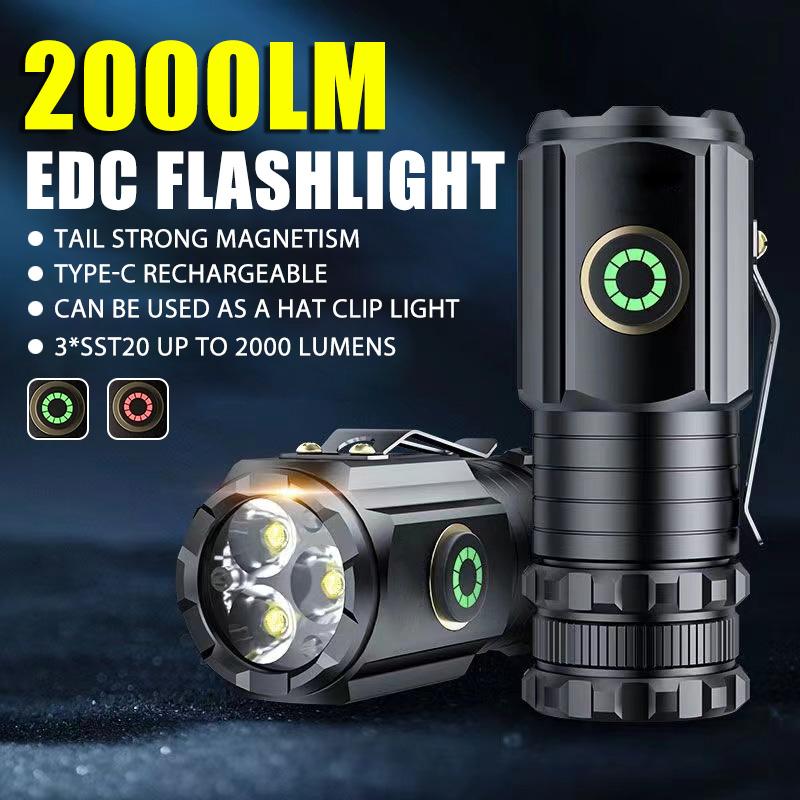 2000LM Мощный светодиодный фонарик, перезаряжаемый EDC, тактический брелок-фонарик с магнитом, наружное освещение, походный светильник