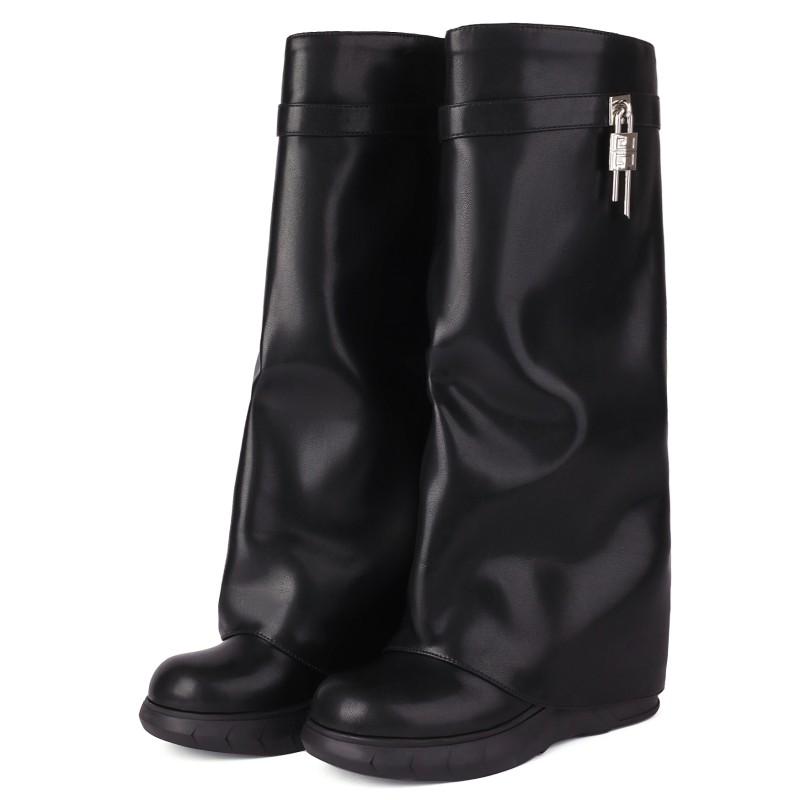 Turned-over Edge Knee High Boots Women Shoes Sexy Wedges Heels Red White Black Western Long Boots Female 2024 Trends Party Shoes