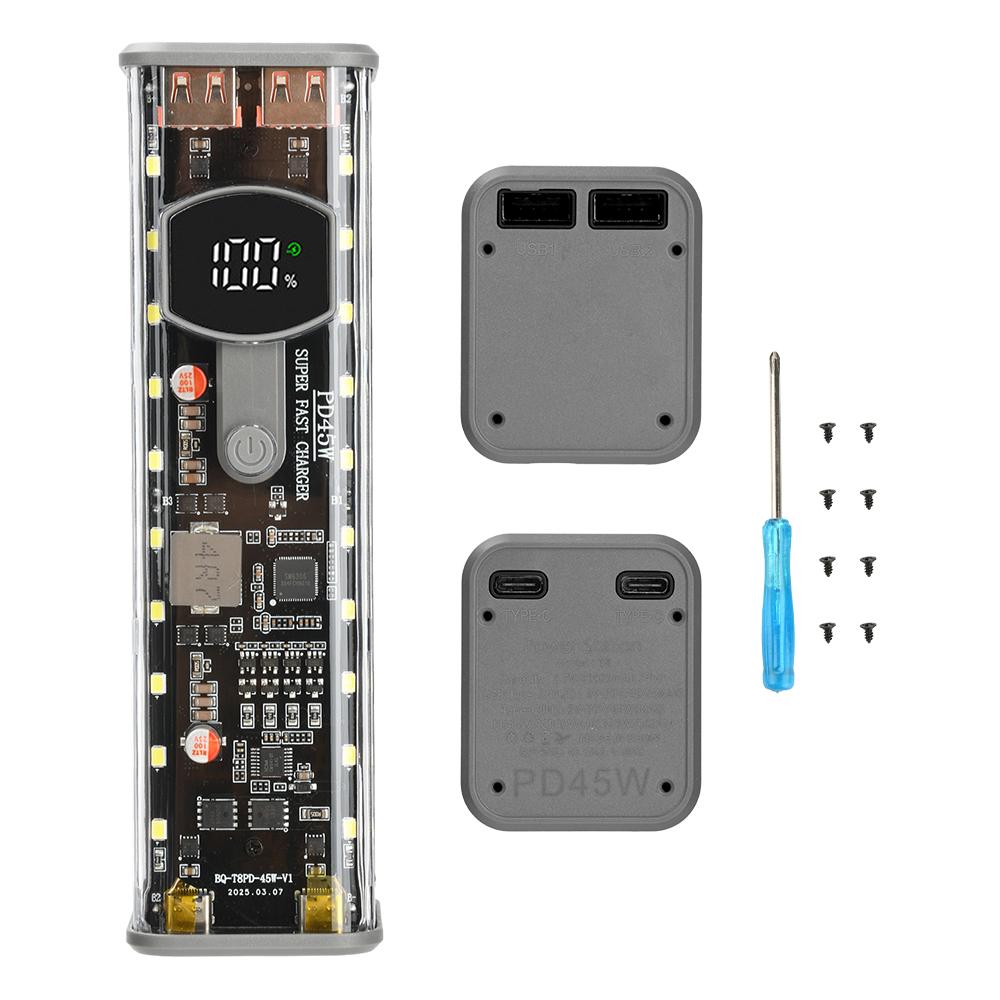 45 Вт 8*18650 Прозрачный корпус Power Bank DIY Электронный набор со светом Цифровой дисплей Быстрая зарядка Аккумуляторный бокс USB TypeC