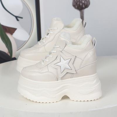 Мода 12СМ Коровья Натуральная Кожа Зимние Ботинки Осень Мода Платформа Труба Ботильоны Мокасины Женские Массивные Кроссовки Обувь