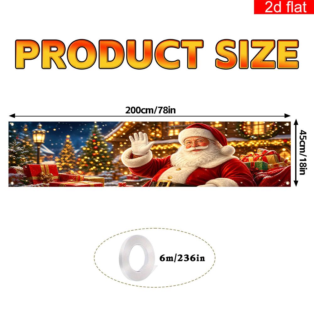 Merry Christmas Yard Sign Party Banner, Waving Santa Claus Gift Box Snowy Cabin Pattern, Polyester Outdoor Garden Fence Decoration