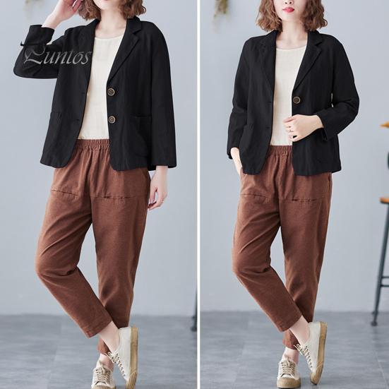 Костюм осень-весна, пальто с отложным воротником, свободный кардиган с длинными рукавами, однотонный, с двумя пуговицами, повседневная куртка