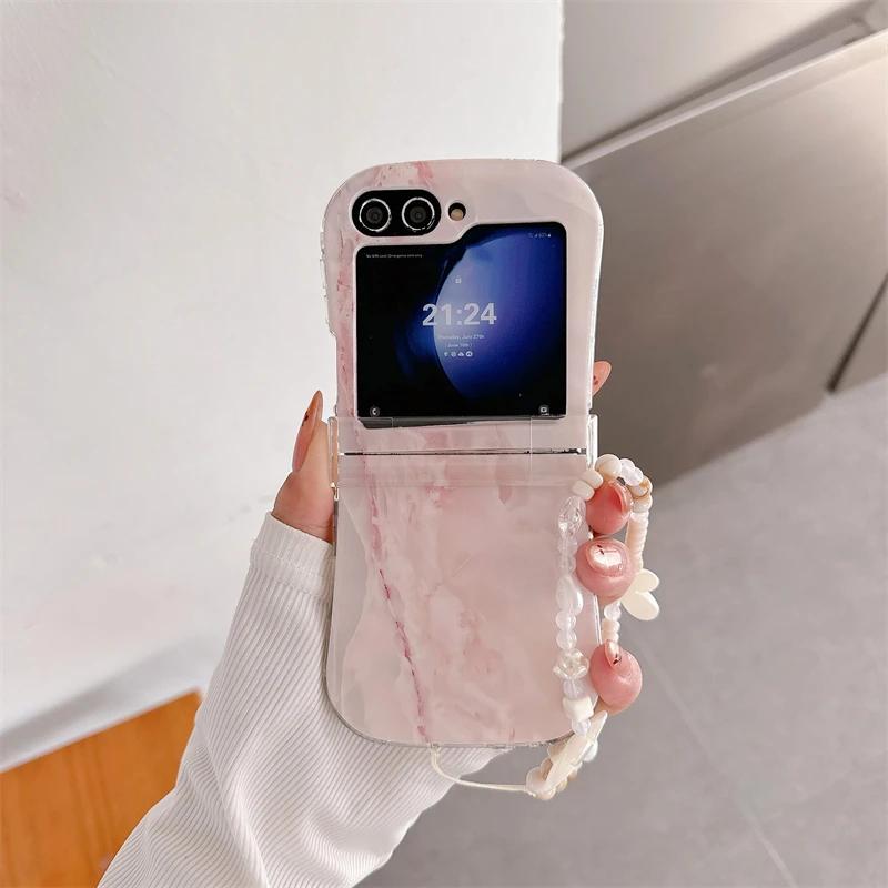 Korean Marble Texture Painted Case For Samsung Galaxy Z Flip 6 5 4 3 5G Flip4 Flip5 3-piece Set Flip6 Cute Anti-Scratch Cover