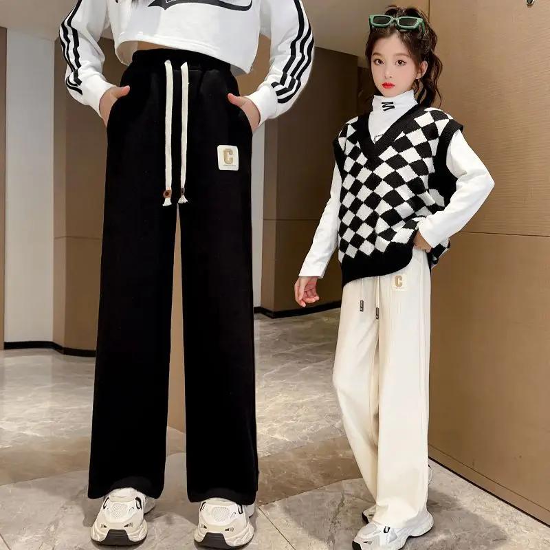 Утепленная верхняя одежда на флисовой подкладке для девочек, брюки повседневного покроя, универсальные детские брюки, новинка 2024 года, весна/осень