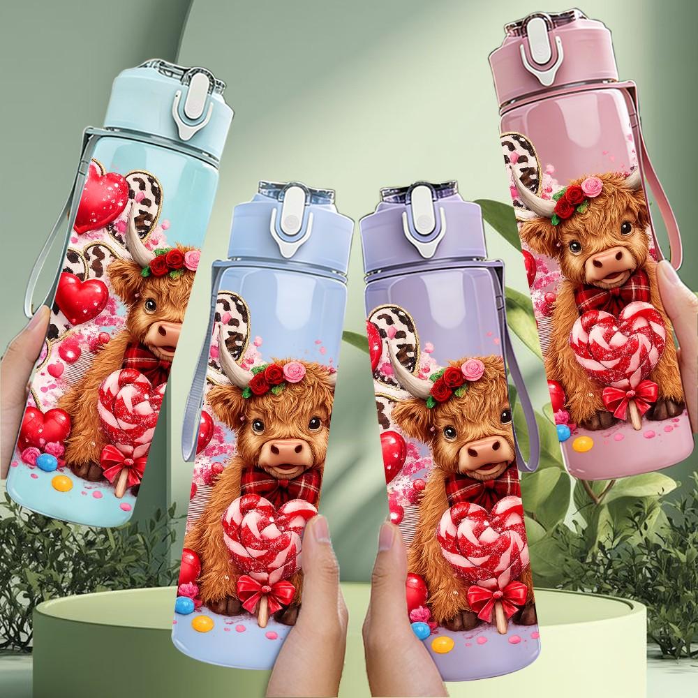 1PC Bear Heart Rose Valentine Theme Print 750ml Color Plastic Sports Water Bottle Leakproof Flip Straw Lid Suitable for Sports Office Home Use