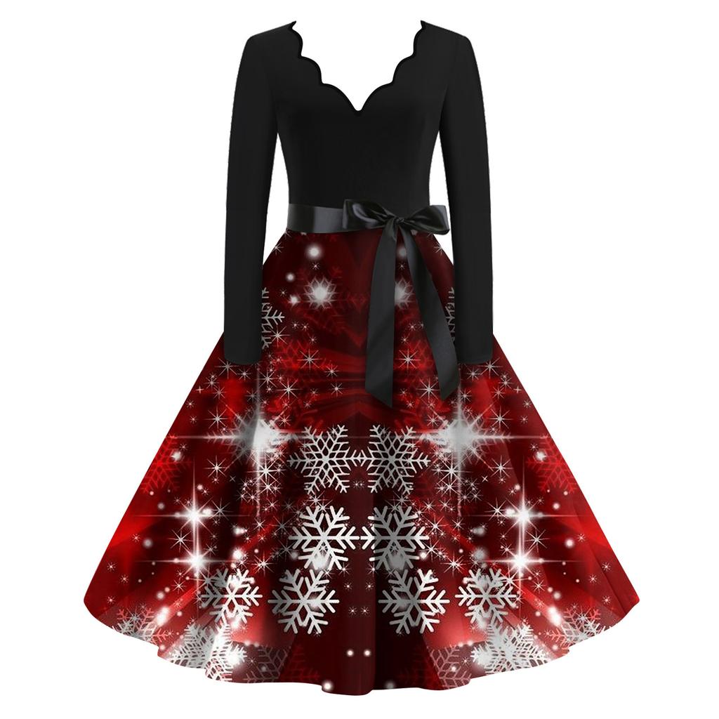 Женские модные повседневные тонкие рождественские платья с длинным рукавом с v-образным вырезом и принтом