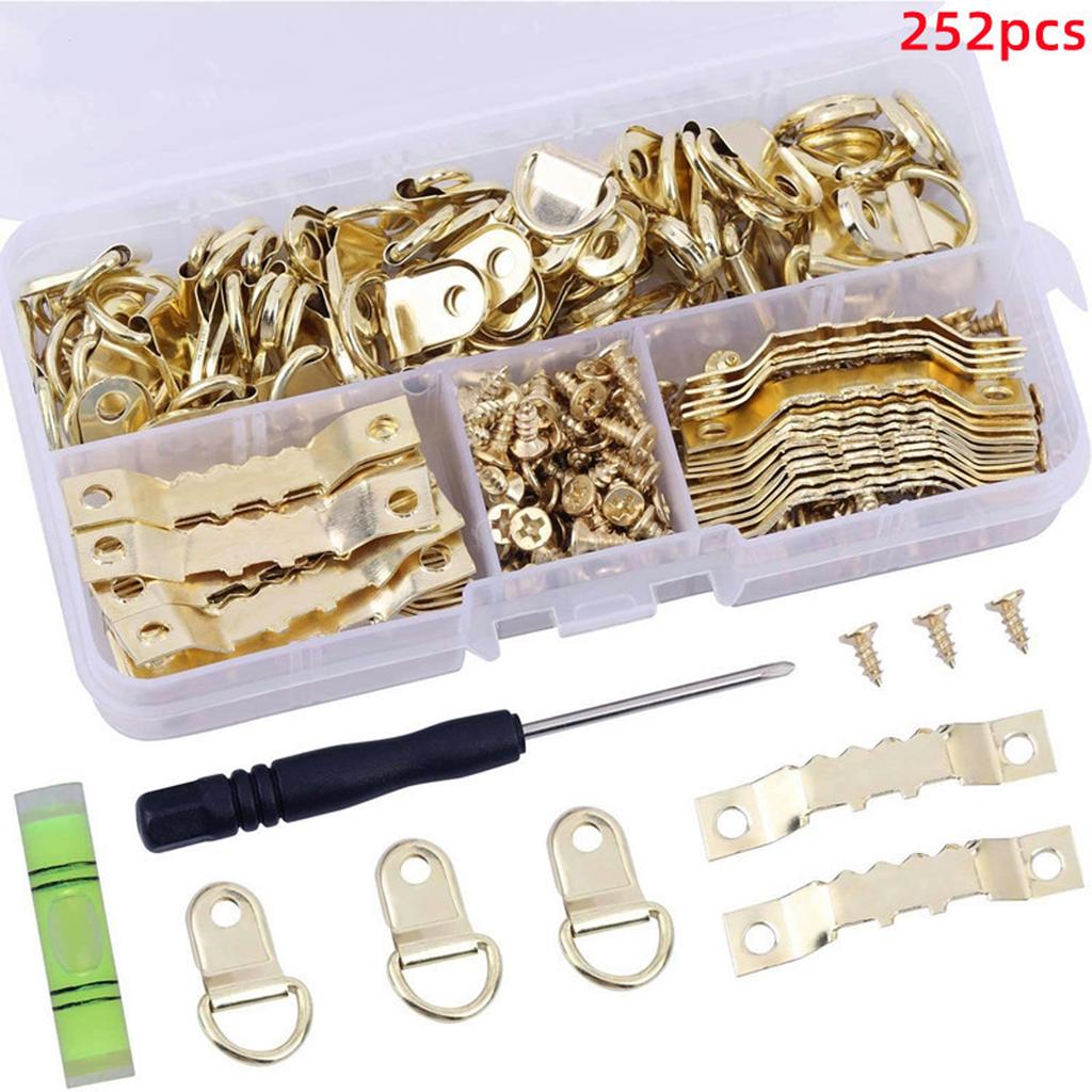 252PC Ring Picture Frame Hanger and Sawtooth Photo Hanging Hardware Set with Screws and Spirit