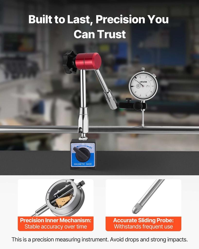 Dial Test Indicator with Magnetic Flexible Base Stand, 0.03 mm Accuracy, 0-25.4mm Range, Fine Adjustable Long Arm, Professional for Machine Set-Up,