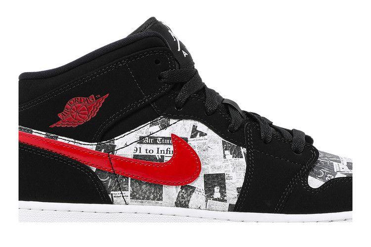 Детские кроссовки Nike Jordan 1 Mid Newspaper Air Times (GS) Черный/Тренировочный Красно-Белый