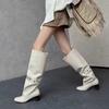 New Style Button Combination Splicing Women Knee High Boots Fashion Round Toe Pleated Leather Long Shoes Low Square Heels