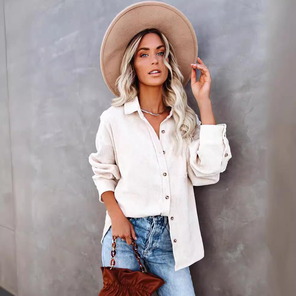 Женская повседневная вельветовая блузка в полоску женская рубашка куртка винтажный карман на пуговицах свободные модные блузки топы больших размеров