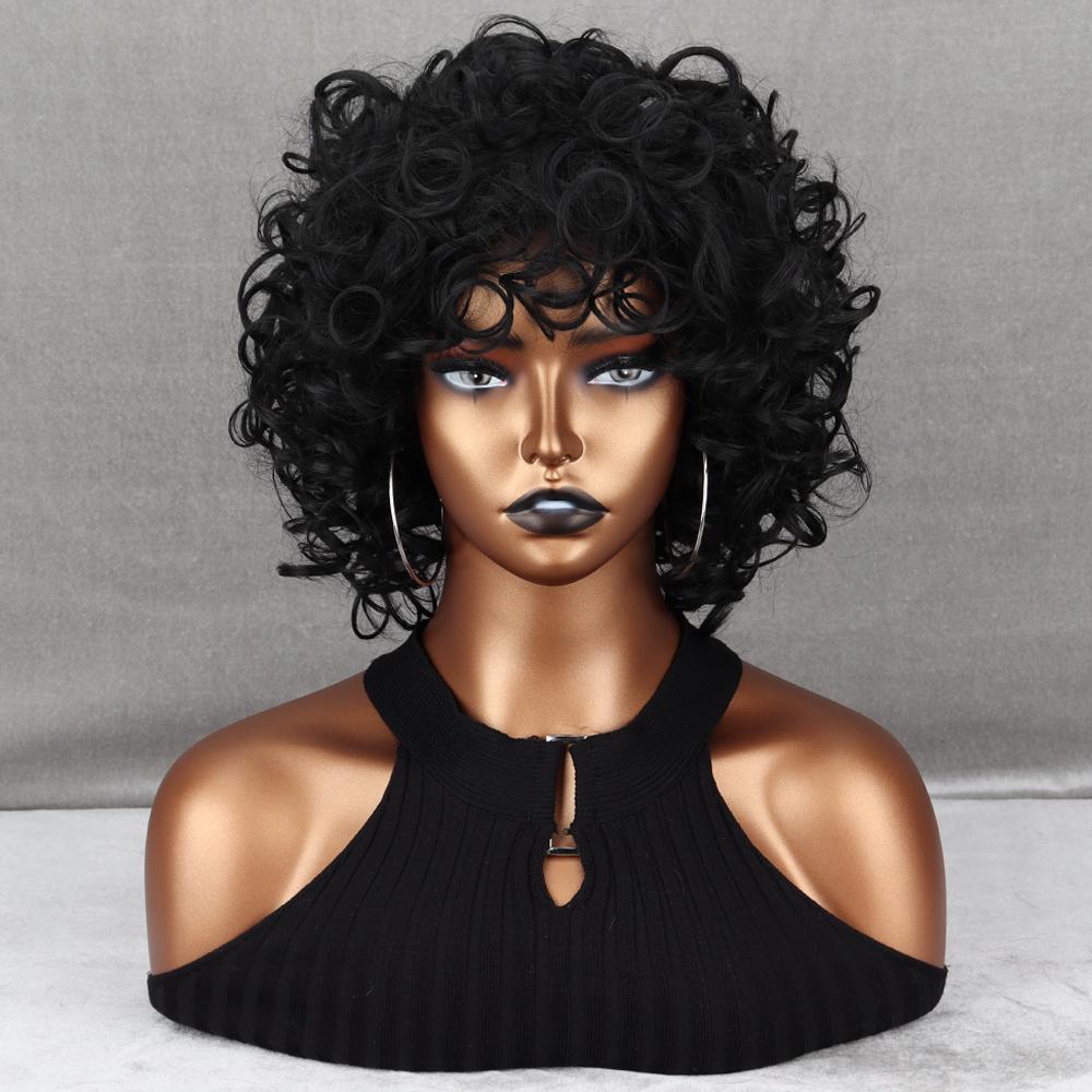MISS WIG Короткие черные волосы, афро-кудрявые вьющиеся парики с челкой для чернокожих женщин, пушистые синтетические африканские парики с омбре