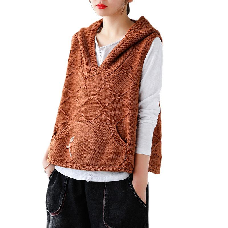 Ladies' Hooded Retro Knit Vest - 2024 Spring/Autumn Waistcoat Layered Top