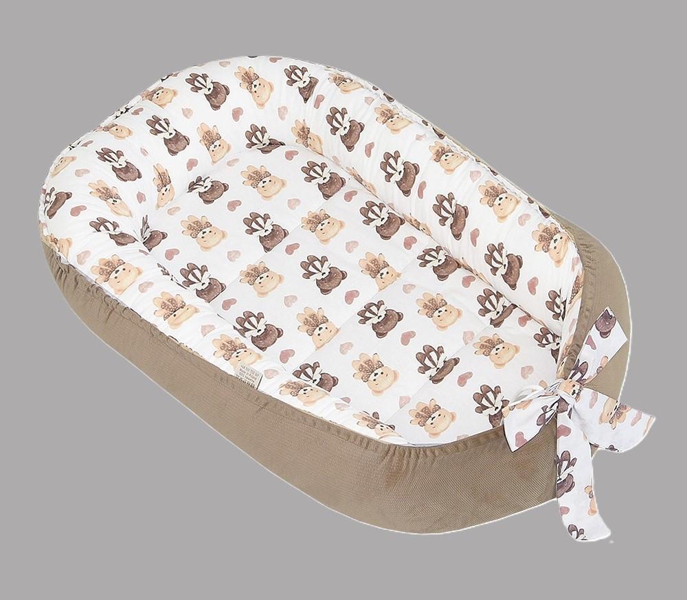 Baby cocoon double-sided swaddle velvet/cotton (brown + teddy bears with bow)