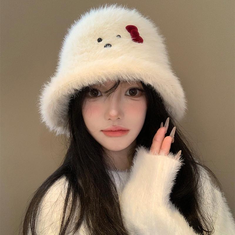 Plush White Stylish Fisherman Hat With Bow For Women Perfect For Fall Winter