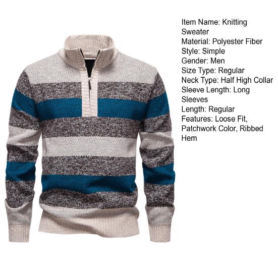 Men Knitted Sweater Color Block Zippered Half Turtleneck Pullover Tops Long Sleeve Half-Zipper Casual Pullover Tops