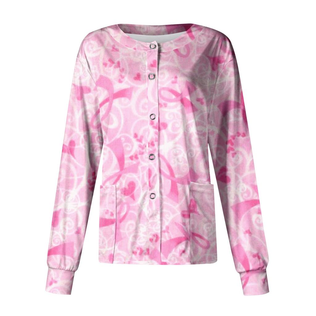 Women's Fashionable Casual Pocket Long Sleeved Themed Printed Round Neck Top