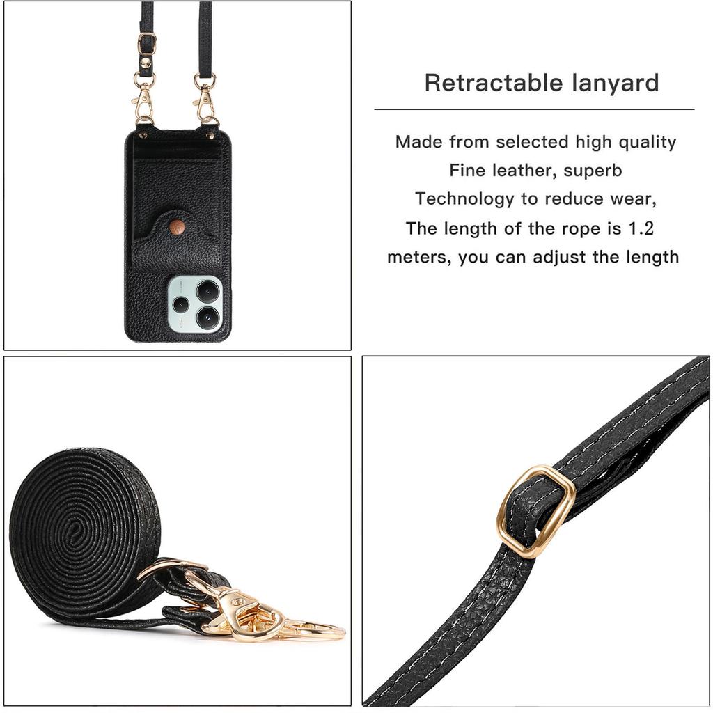 For Xiaomi Redmi Note 14 4G (163.25x76.55x8.16mm) Case Mirror Card Holder Litchi Texture Leather Phone Back Cover with Long Strap