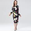 Spring Summer Women Fashion Elegant Full Sleeve Flower Print Slim Bodycon Office Work Pencil Dresses