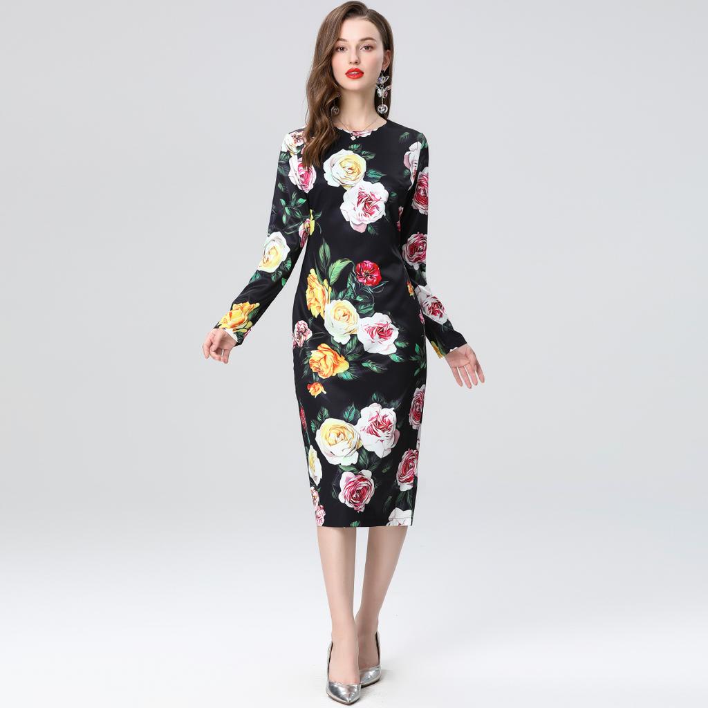 Spring Summer Women Fashion Elegant Full Sleeve Flower Print Slim Bodycon Office Work Pencil Dresses