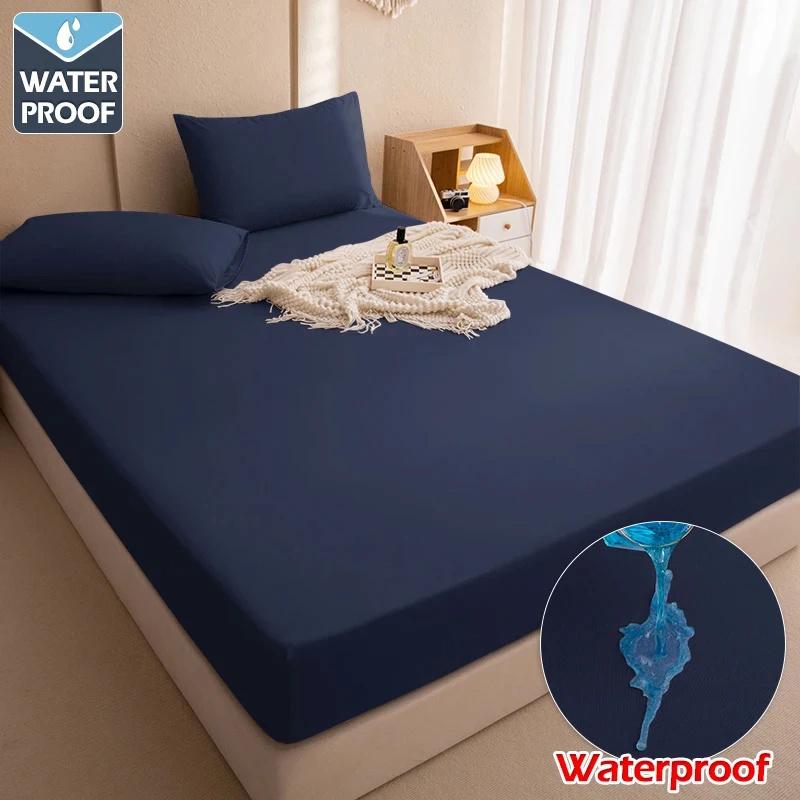 1 Waterproof Fitted Sheet,Solid Color Bed Cover Sheet, Bed Cover Mattress Cover Elastic Band Bed Skirt Breathable Sheet Only 1 Sheet
