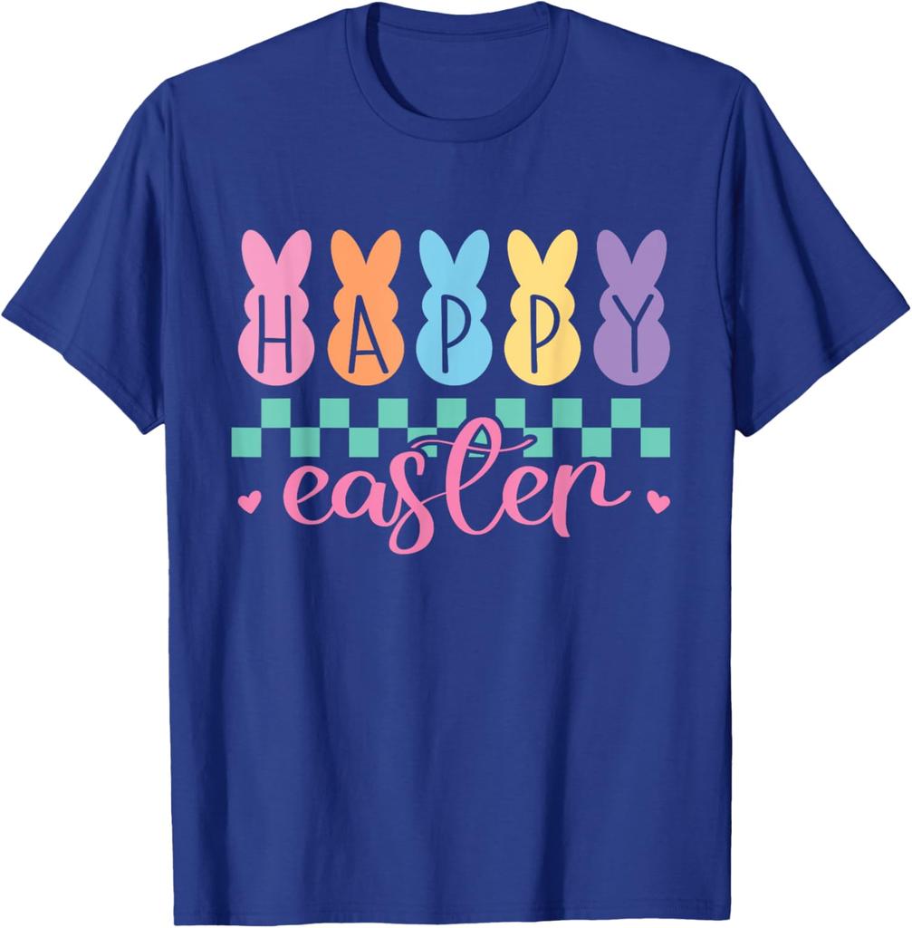 Happy Easter Bunny Graphic Tee Pastel Checkered Print Casual Short Sleeve T-Shirt