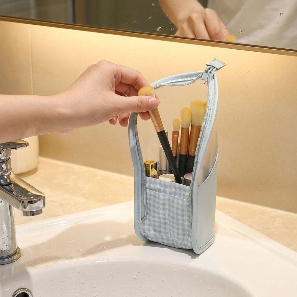 Waterproof Toothbrush Toiletry Pouch Zipper Closure Stand Cosmetic Bag Makeup Brush Case Hotel