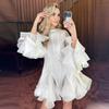 Elegant Ruffles Single Breasted Ruffles Mini Dress Women Flared Sleeve High Waist O-neck Dresses 2025 Lady Party Gowns New