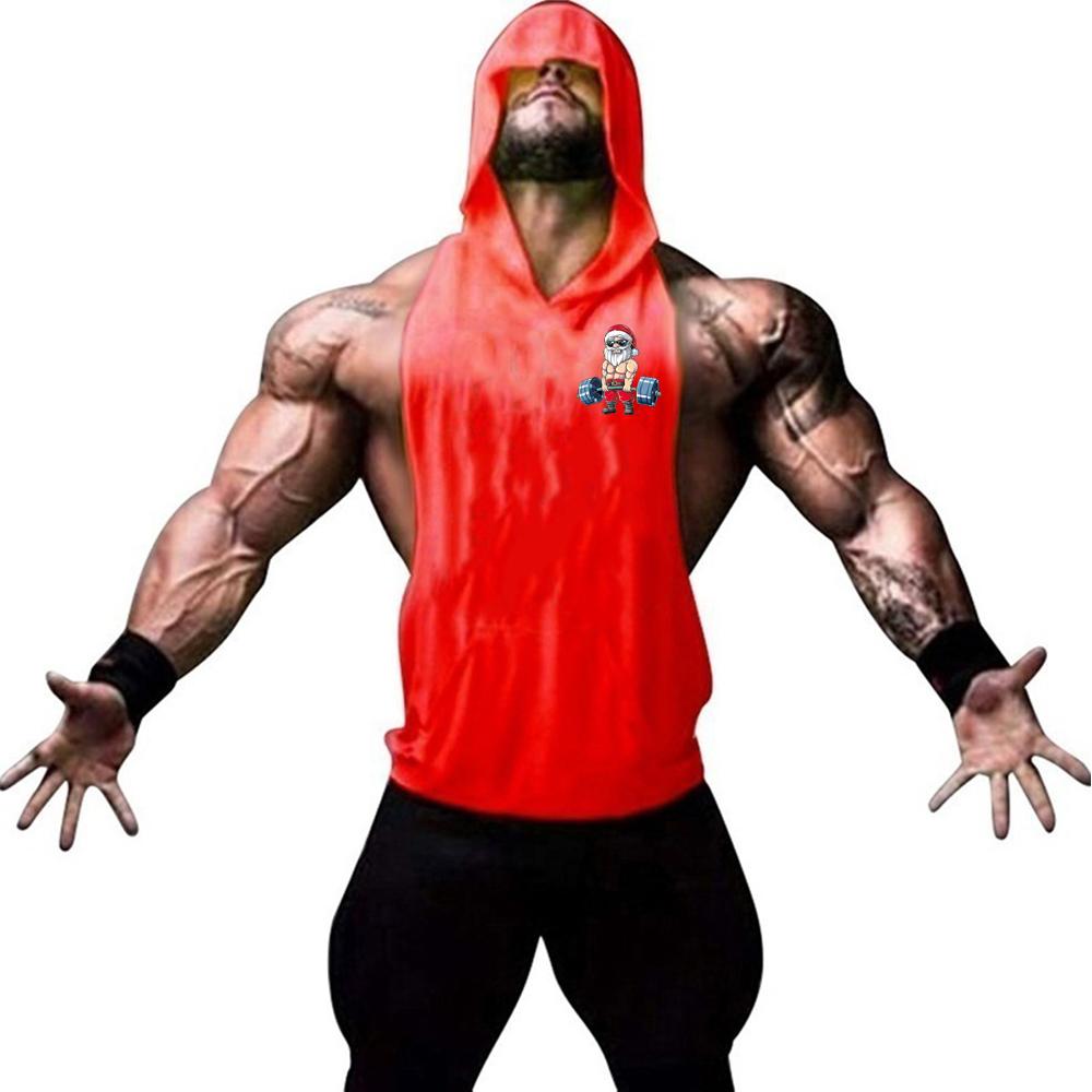 Men's fashion trend personalized gym fitness and leisure sleeveless Santa Claus print pattern hooded vest sports running vest