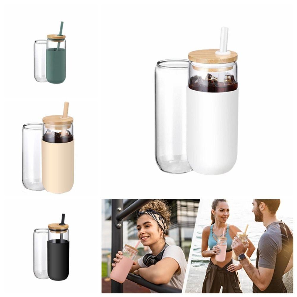 Silicone Glass Cup With Lid and Straw withProtective Sleeve Iced Coffee Glasses  Smoothie