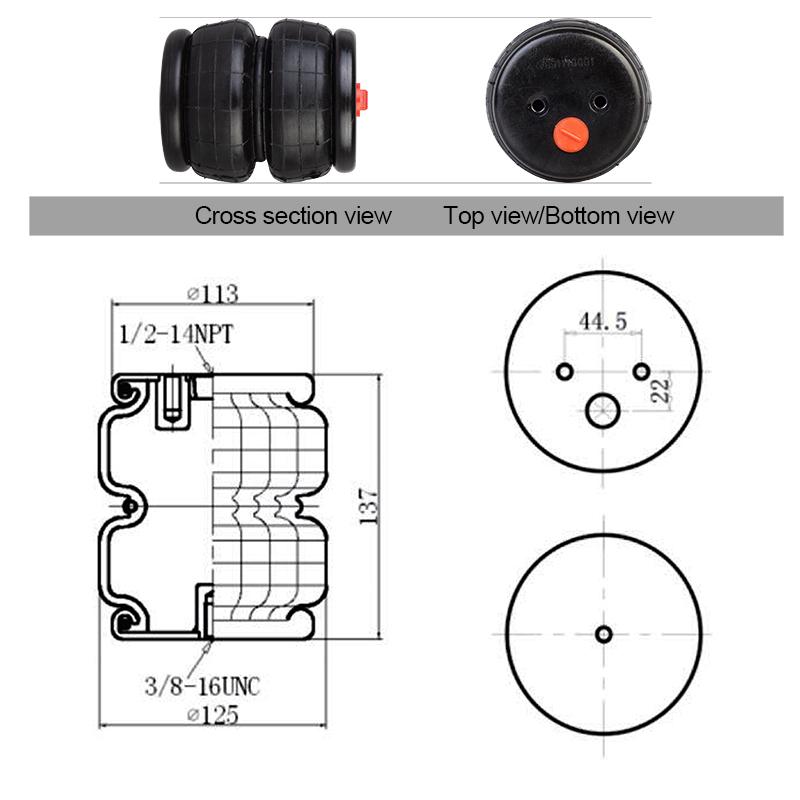 2E2300 Double Convolute Airbags for Truck/Bus/Trailer Heavy-Duty Pneumatic Suspension 113-137mm Adjustable 1/2-14NPT&3/8-16UNC