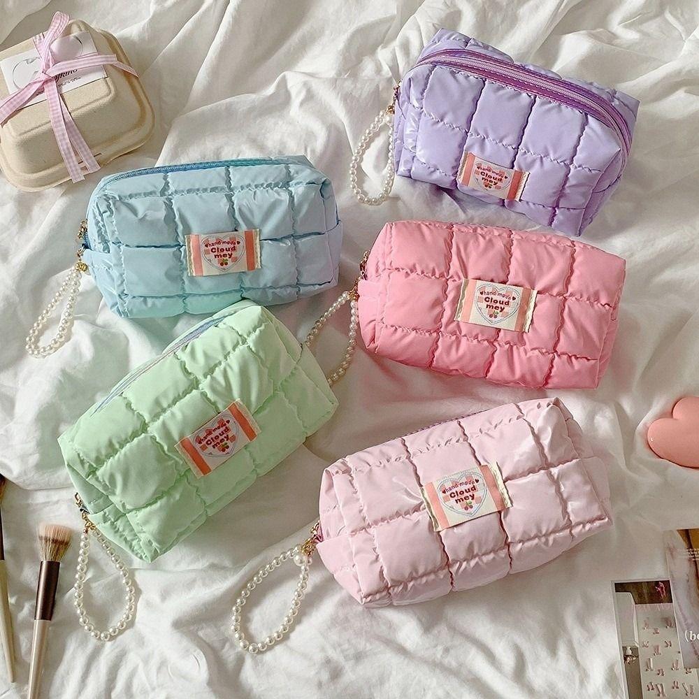 Quilted Storage Bag Korean Pencil Case with Pearl Lanyard Pencil Pouch School