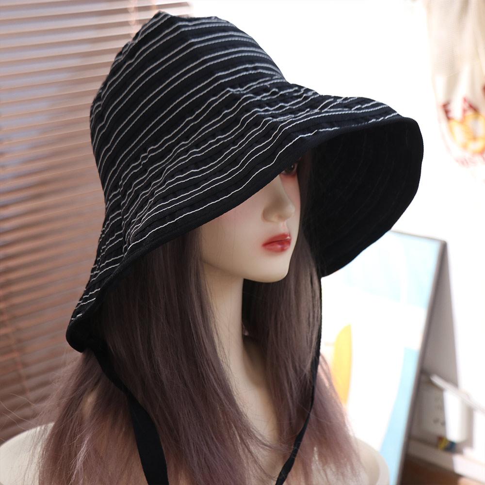 Solid Color Women Striped Fisherman Hat Ribbon Sunshade Hat Casual Bucket Hat Beach