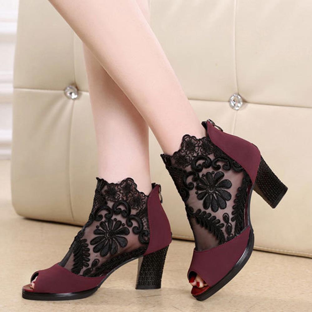 2024 Summer Large Size Mesh High Heels Thick Heel Lace Fish Mouth Sandals Female Manufacturer